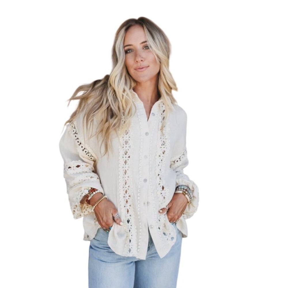 POL‎ Crochet Lace Eyelet Gauze Shirt Womens Small Cream Boho Button Down UWT400